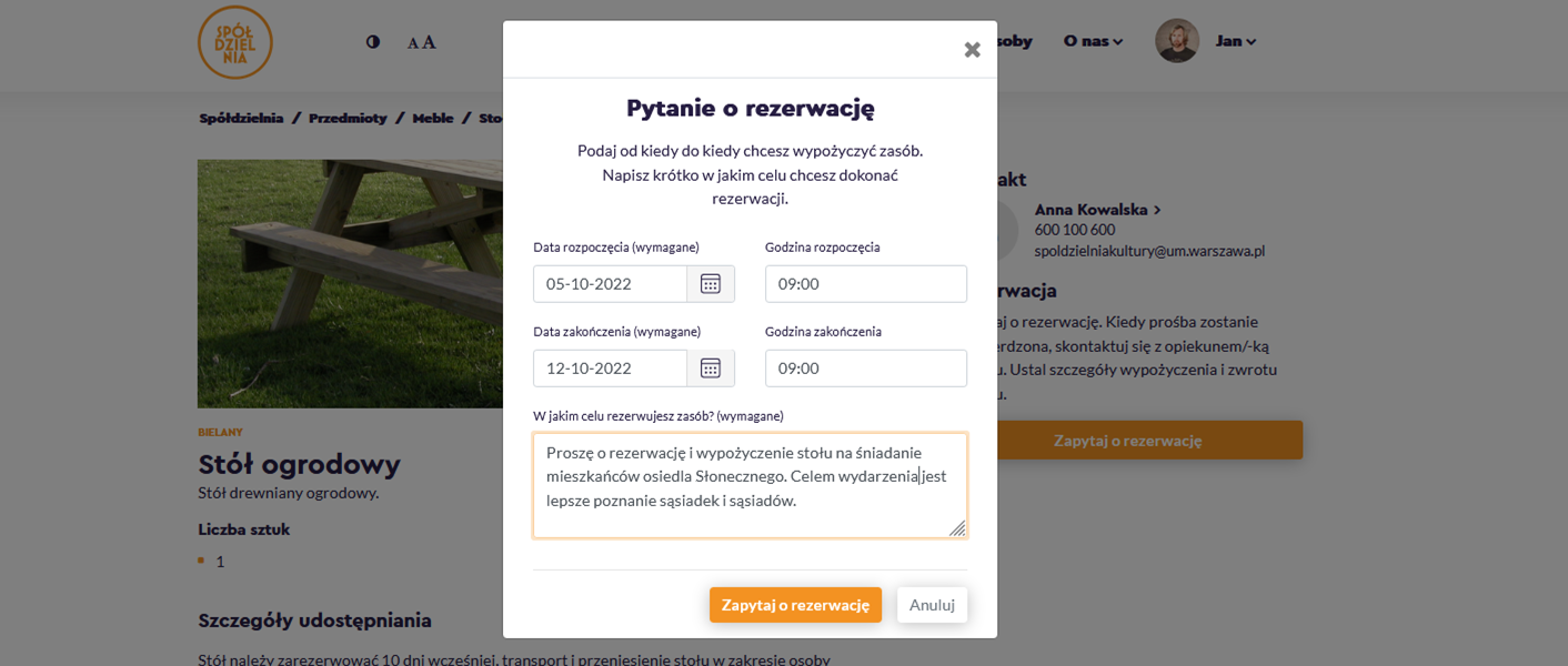 Zrzut ekranu okna modalnego z formularzem prośby o rezerwację