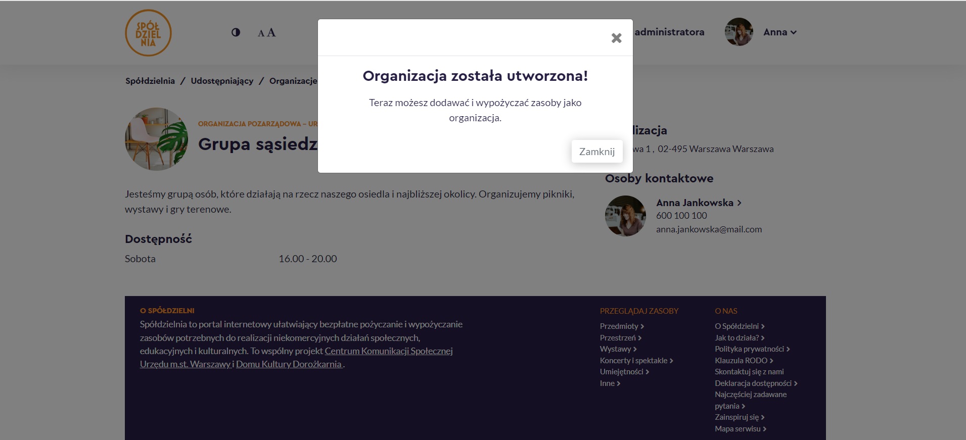 Zrzut ekranu z oknem modalnym potwierdzającym założenie profilu organizacji lub instytucji.