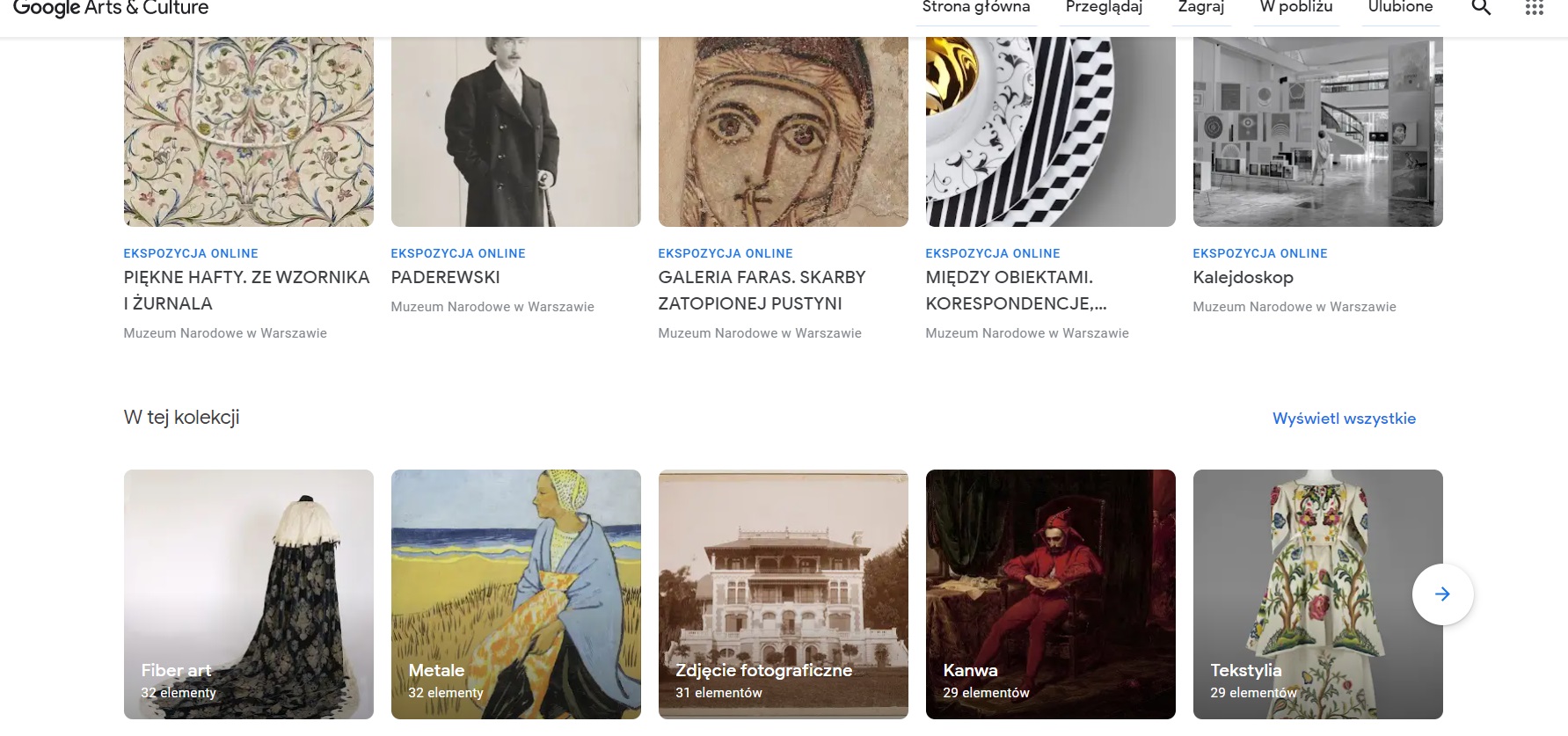 Zdjęcie pierwszej strony aplikacji google arts&culture na której widnieją kolorowe obrazy z ekspozycji Muzeum Narodowego.