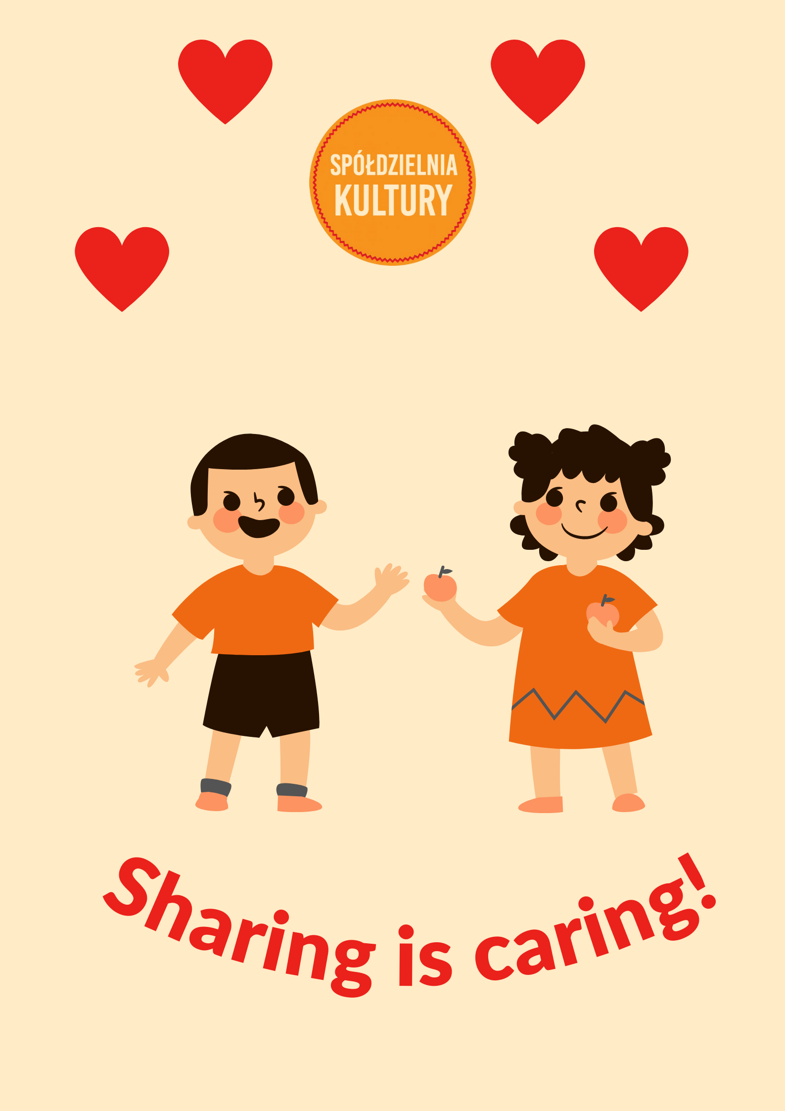 Plakat w stylu walentynki z dwoma osobami dzielącymi się jabłkiem i podpisem "Sharing is caring!"