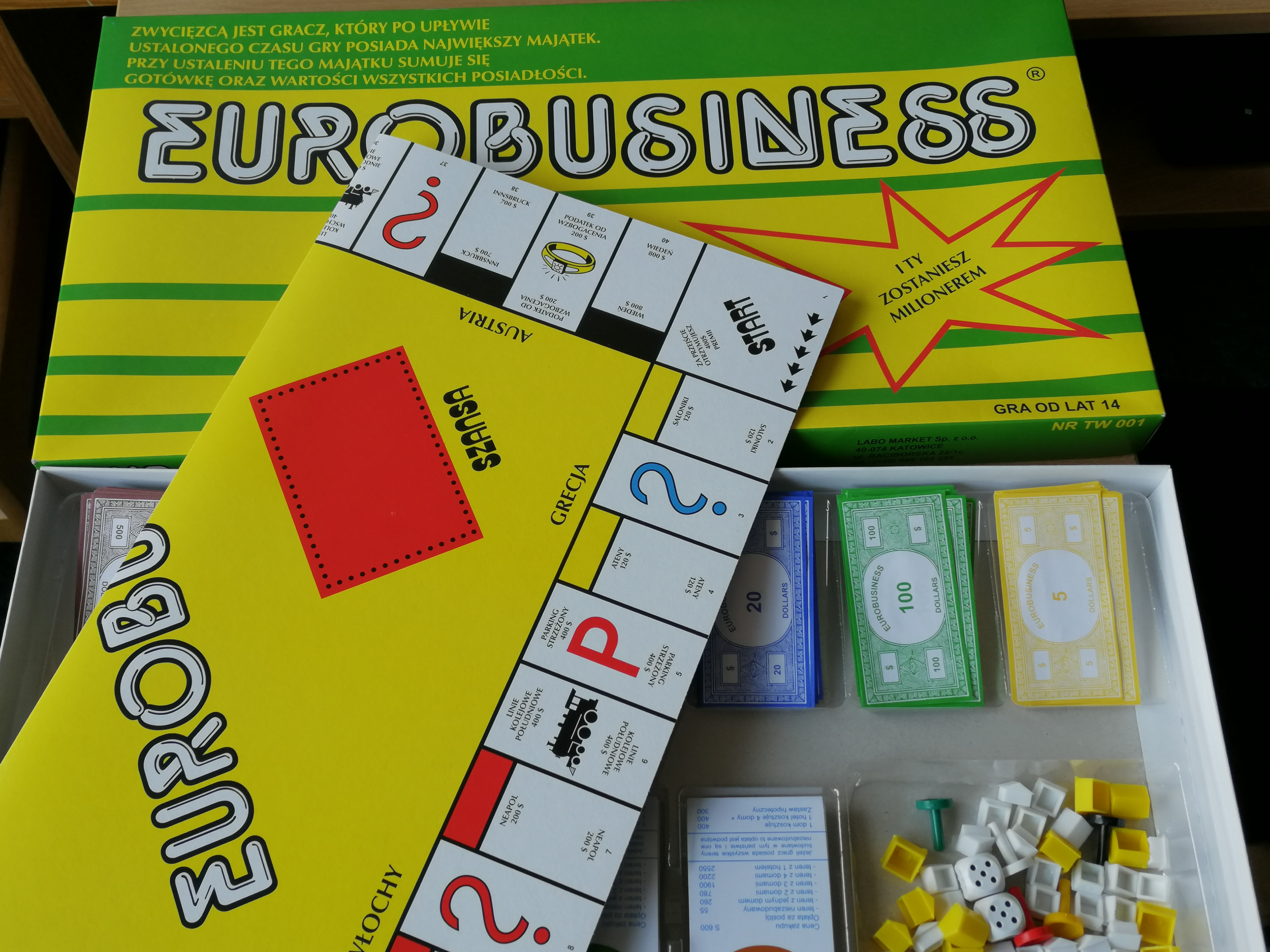 Rozpakowana gra planszowa o nazwie Eurobusiness.